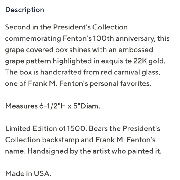 FENTON ART GLASS LTD EDITION PRESIDENT’S COLLECTION COVERED BOX W/ GRAPE… - Picture 15 of 16